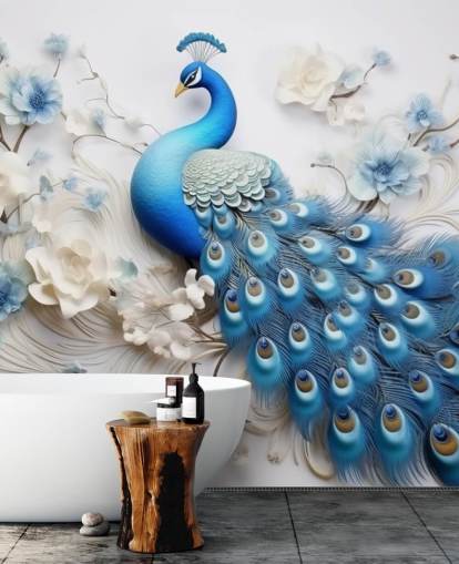 blå och vit påfågel tapetväggmålning kallad Blue Peacock Flowers för kök, sovrum och vardagsrum blå och vit påfågel tapetväggmålning kallad Blue Peacock Flowers för kök, sovrum och vardagsrum
