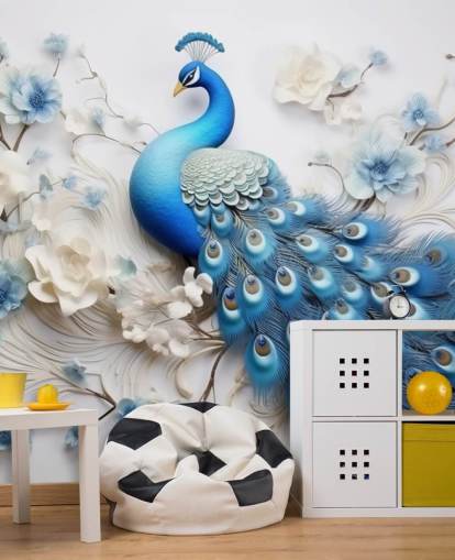 mural de papel de parede de pavão azul e branco chamado Blue Peacock Flowers para cozinhas, quartos e salas de estar mural de papel de parede de pavão azul e branco chamado Blue Peacock Flowers para cozinhas, quartos e salas de estar