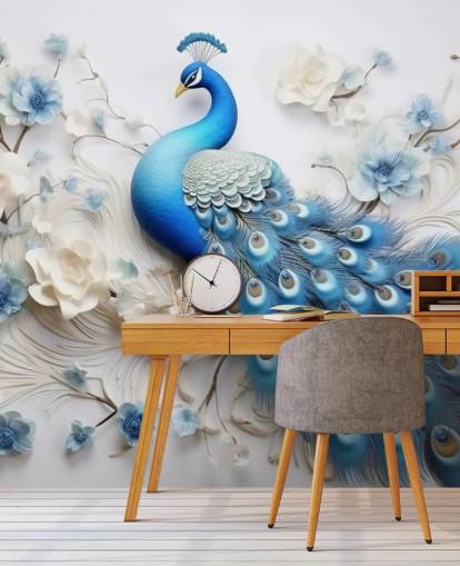 blue and white peacock wallpaper mural called Blue Peacock Flowers for kitchens, bedrooms and living rooms blue and white peacock wallpaper mural called Blue Peacock Flowers for kitchens, bedrooms and living rooms