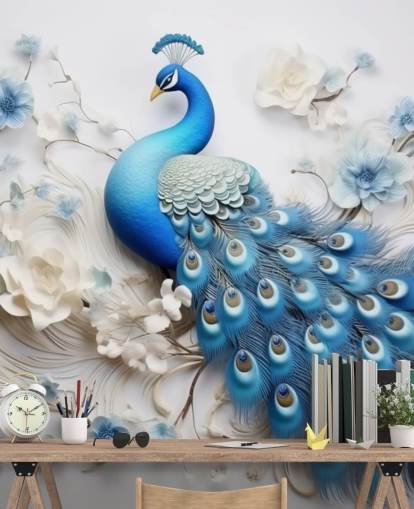 blue and white peacock wallpaper mural called Blue Peacock Flowers for kitchens, bedrooms and living rooms blue and white peacock wallpaper mural called Blue Peacock Flowers for kitchens, bedrooms and living rooms