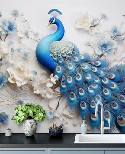 blue and white peacock wallpaper mural called Blue Peacock Flowers for kitchens, bedrooms and living rooms blue and white peacock wallpaper mural called Blue Peacock Flowers for kitchens, bedrooms and living rooms