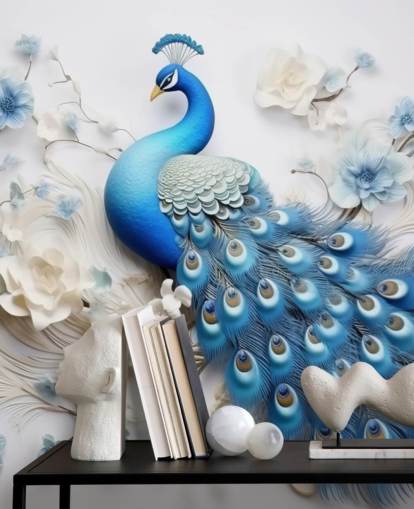 mural de papel pintado de pavo real azul y blanco llamado Blue Peacock Flowers para cocinas, dormitorios y salas de estar mural de papel pintado de pavo real azul y blanco llamado Blue Peacock Flowers para cocinas, dormitorios y salas de estar