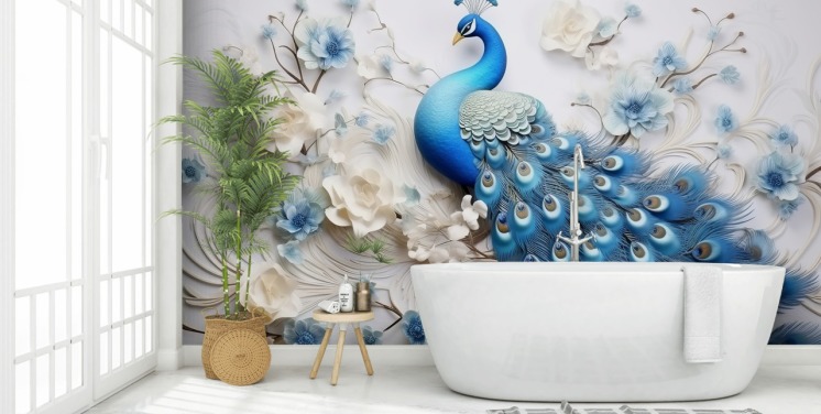 blå og hvid påfugl tapetmaleri kaldet Blue Peacock Flowers til køkkener, soveværelser og stuer