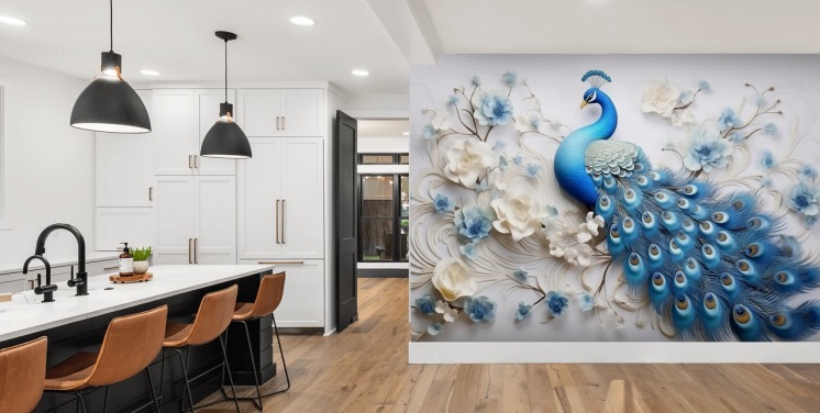 blue and white peacock wallpaper mural called Blue Peacock Flowers for kitchens, bedrooms and living rooms