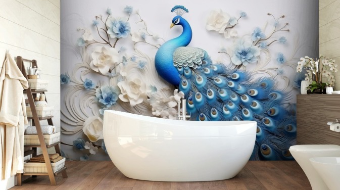 blå og hvid påfugl tapetmaleri kaldet Blue Peacock Flowers til køkkener, soveværelser og stuer
