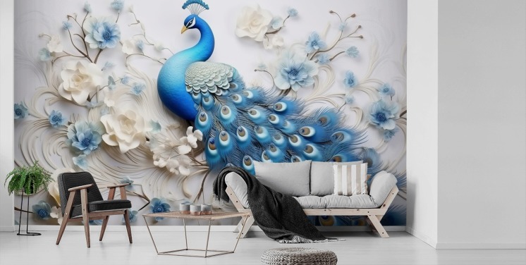 blauw-witte pauw behangmuurschildering genaamd Blue Peacock Flowers voor keukens, slaapkamers en woonkamers