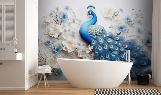 blau-weiße Pfauentapete namens Blue Peacock Flowers für Küchen, Schlafzimmer und Wohnzimmer