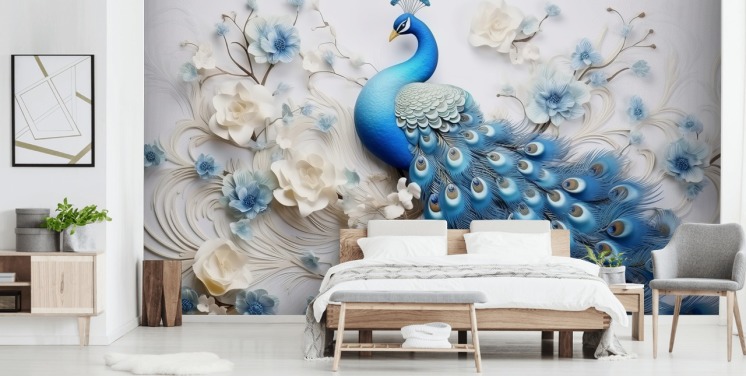 blau-weiße Pfauentapete namens Blue Peacock Flowers für Küchen, Schlafzimmer und Wohnzimmer