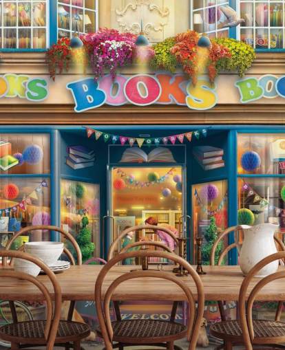 colourful custom bygone era wallpaper mural called Books Books Books by Eduard for care homes and libraries colourful custom bygone era wallpaper mural called Books Books Books by Eduard for care homes and libraries