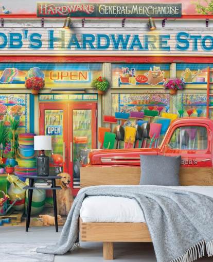 fargerikt tilpasset fasadetveggmaleri kalt Bob's Hardware Shop av Eduard for omsorgsboliger fargerikt tilpasset fasadetveggmaleri kalt Bob's Hardware Shop av Eduard for omsorgsboliger