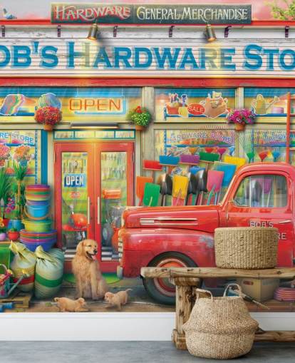 colourful custom facade wallpaper mural called Bob's Hardware Shop by Eduard for care homes colourful custom facade wallpaper mural called Bob's Hardware Shop by Eduard for care homes