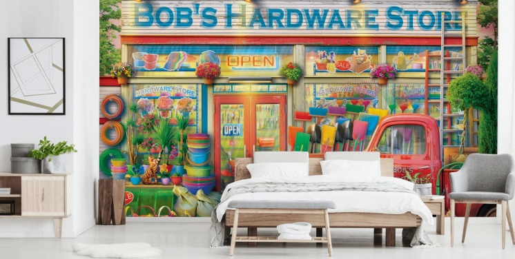 farbenfrohes, maßgefertigtes Fassadentapetenwandbild namens Bob's Hardware Shop von Eduard für Pflegeheime