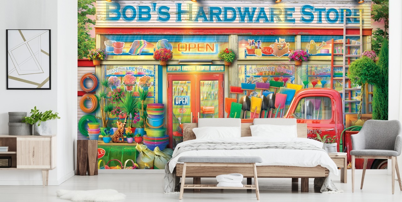 kleurrijke gevelbehangmuurschildering op maat genaamd Bob's Hardware Shop van Eduard voor verzorgingstehuizen