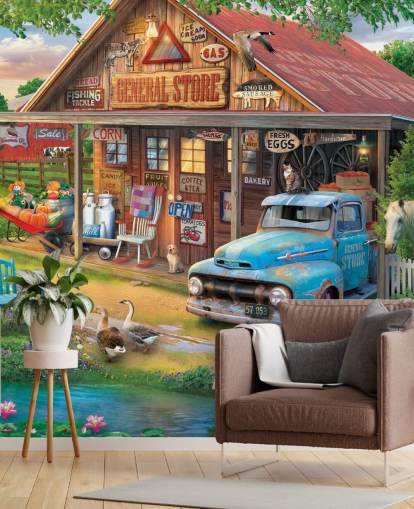 colorful customizable bygone era wallpaper mural called Country Store by Eduard for care homes colorful customizable bygone era wallpaper mural called Country Store by Eduard for care homes