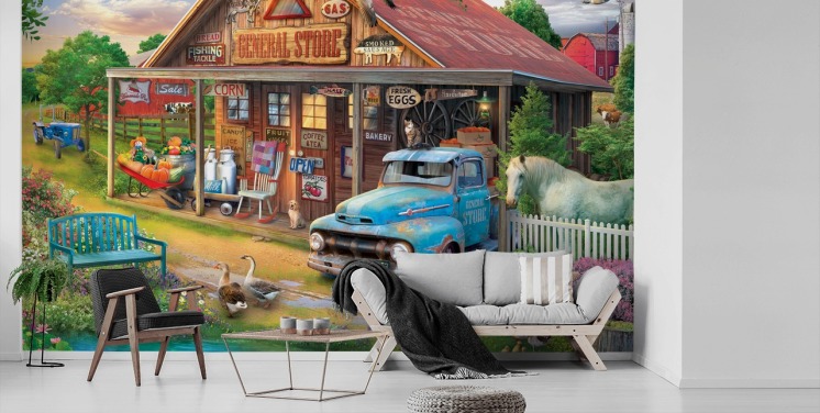 värikäs räätälöitävä menneiden aikakausien taustakuvamaalaus nimeltä Eduard Country Store hoivakodeille