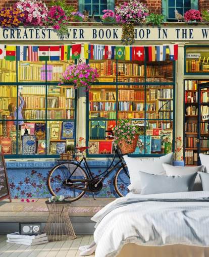 colourful custom facade wallpaper called Greatest Bookshop by Garry Walton for care homes, schools and libraries colourful custom facade wallpaper called Greatest Bookshop by Garry Walton for care homes, schools and libraries