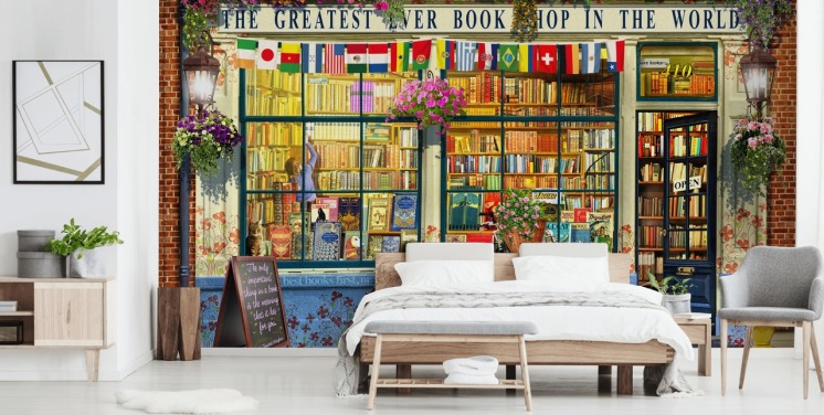 colourful custom facade wallpaper called Greatest Bookshop by Garry Walton for care homes, schools and libraries