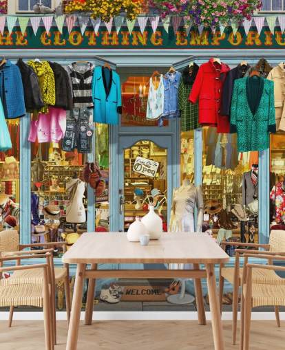 fargerikt tilpasset fasadetveggmaleri kalt The Clothing Emporium II av Garry Walton for omsorgsboliger fargerikt tilpasset fasadetveggmaleri kalt The Clothing Emporium II av Garry Walton for omsorgsboliger