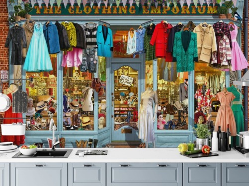 Garry Waltonin värikäs mukautettu julkisivutapettiseinämaalaus nimeltä The Clothing Emporium II hoitokodeille