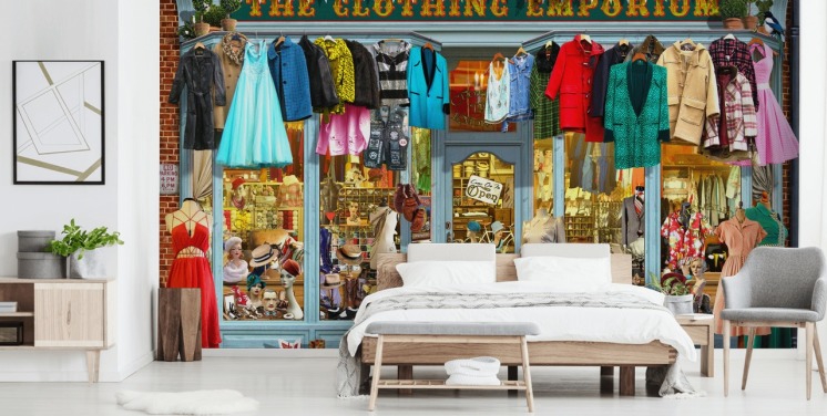 colourful custom facade wallpaper mural called The Clothing Emporium II by Garry Walton for care homes