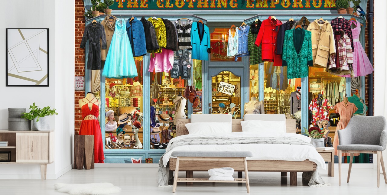 colourful custom facade wallpaper mural called The Clothing Emporium II by Garry Walton for care homes colourful custom facade wallpaper mural called The Clothing Emporium II by Garry Walton for care homes