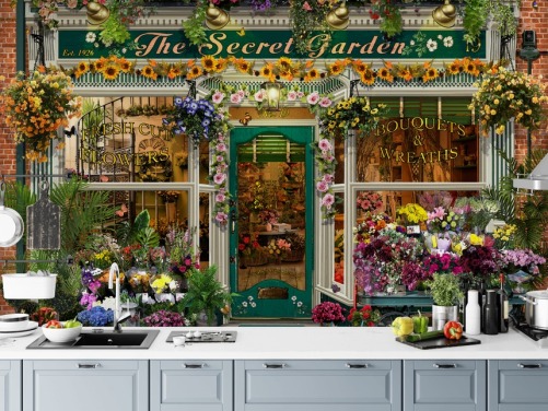 colourful custom facade wallpaper called The Secret Garden by Garry Walton for care homes