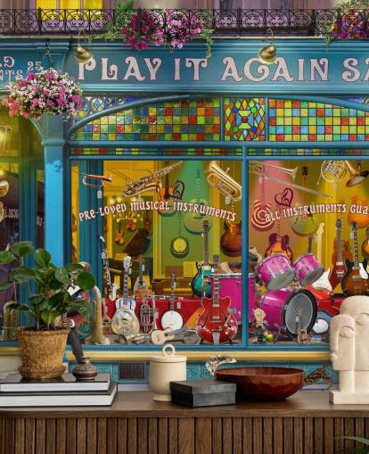 färgglad anpassad fasadtapet väggmålning som heter Music Shop av Garry Walton för vårdhem färgglad anpassad fasadtapet väggmålning som heter Music Shop av Garry Walton för vårdhem