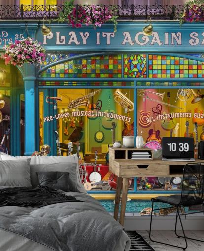 colourful custom facade wallpaper mural called Music Shop by Garry Walton for care homes colourful custom facade wallpaper mural called Music Shop by Garry Walton for care homes