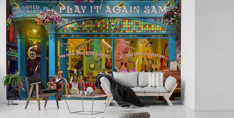 värikäs mukautettu julkisivutapettiseinämaalaus nimeltä Music Shop by Garry Walton hoivakodeille