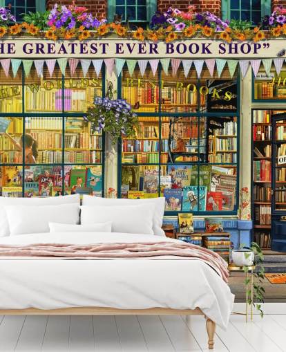 colourful customisable facade wallpaper mural called Greatest Bookshop II by Garry Walton for care homes, schools and libraries colourful customisable facade wallpaper mural called Greatest Bookshop II by Garry Walton for care homes, schools and libraries