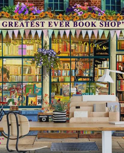 kleurrijke aanpasbare gevelbehangmuurschildering genaamd Greatest Bookshop II van Garry Walton voor verzorgingstehuizen, scholen en bibliotheken kleurrijke aanpasbare gevelbehangmuurschildering genaamd Greatest Bookshop II van Garry Walton voor verzorgingstehuizen, scholen en bibliotheken