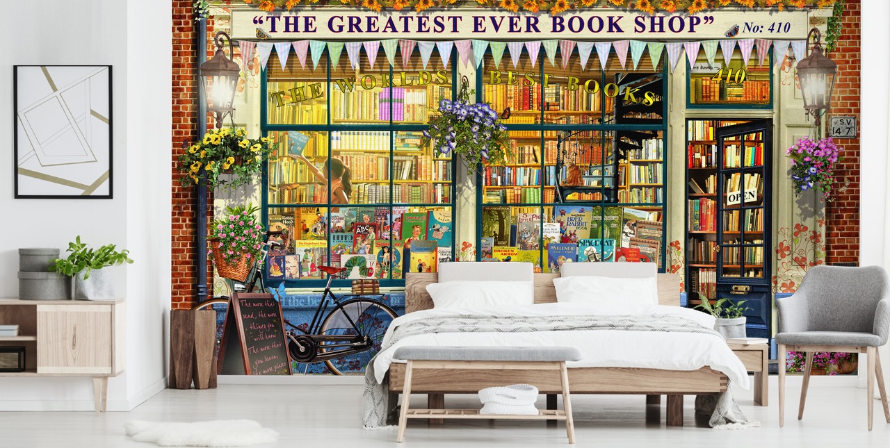 färgstark anpassningsbar fasadtapet väggmålning kallad Greatest Bookshop II av Garry Walton för vårdhem, skolor och bibliotek färgstark anpassningsbar fasadtapet väggmålning kallad Greatest Bookshop II av Garry Walton för vårdhem, skolor och bibliotek