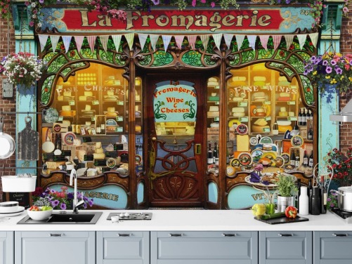 papier peint mural de façade coloré et personnalisable appelé La Fromagerie II de Garry Walton pour les maisons de retraite