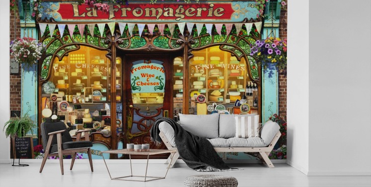 colourful customisable facade wallpaper mural called La Fromagerie II by Garry Walton for care homes