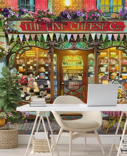 fargerikt tilpasset fasadetapet kalt La Fromagerie av Garry Walton for omsorgsboliger fargerikt tilpasset fasadetapet kalt La Fromagerie av Garry Walton for omsorgsboliger