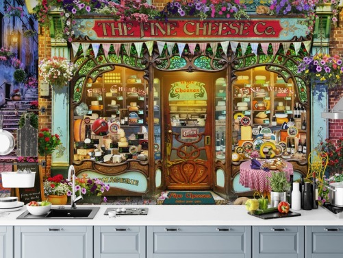 colourful custom facade wallpaper called La Fromagerie by Garry Walton for care homes