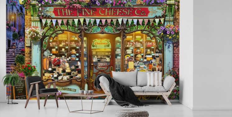 colourful custom facade wallpaper called La Fromagerie by Garry Walton for care homes