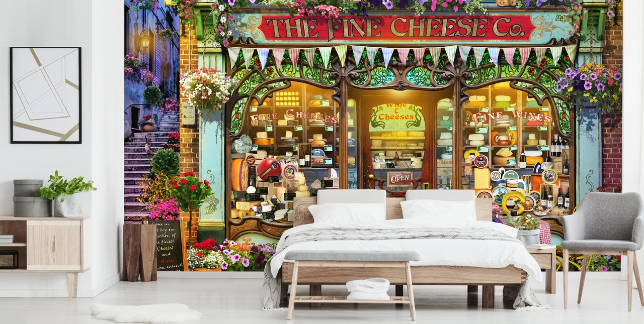 colourful custom facade wallpaper called La Fromagerie by Garry Walton for care homes
