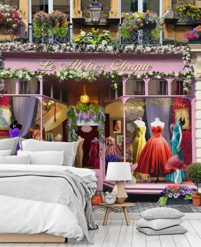 fargerikt tilpasset fasadetveggmaleri kalt Vintage Couture Atelier av Garry Walton for omsorgsboliger fargerikt tilpasset fasadetveggmaleri kalt Vintage Couture Atelier av Garry Walton for omsorgsboliger