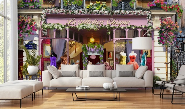 farverigt brugerdefineret facade tapet vægmaleri kaldet Vintage Couture Atelier af Garry Walton til plejehjem