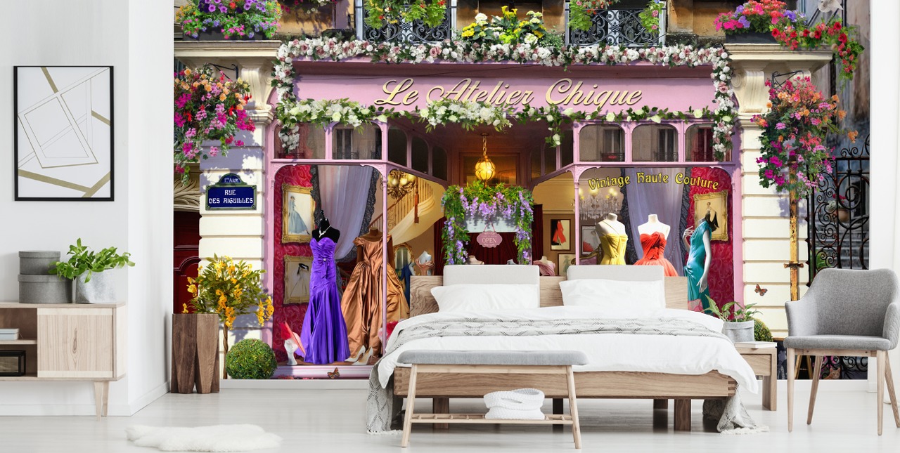 papier peint mural de façade personnalisé coloré appelé Vintage Couture Atelier par Garry Walton pour les maisons de retraite papier peint mural de façade personnalisé coloré appelé Vintage Couture Atelier par Garry Walton pour les maisons de retraite