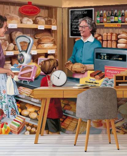färgglad anpassad svunnen tid tapetväggmålning som heter Village Bakery av Victor McLindon för vårdhem färgglad anpassad svunnen tid tapetväggmålning som heter Village Bakery av Victor McLindon för vårdhem