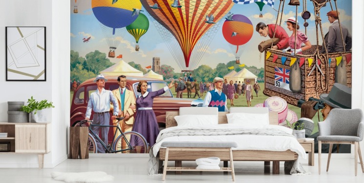kleurrijke op maat gemaakte behangmuurschildering uit vervlogen tijden genaamd Hot Air Balloon Show van Victor McLindon voor verzorgingstehuizen