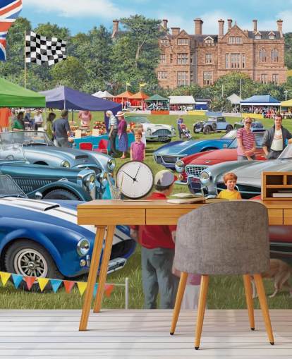colourful custom bygone era wallpaper mural called Vintage Car Show by Victor McLindon for care homes colourful custom bygone era wallpaper mural called Vintage Car Show by Victor McLindon for care homes