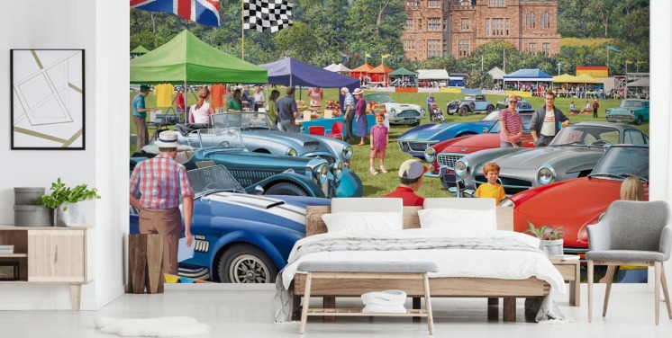 kleurrijke op maat gemaakte behangmuurschildering uit vervlogen tijden genaamd Vintage Car Show van Victor McLindon voor verzorgingstehuizen