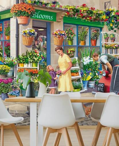 papier peint mural coloré personnalisé d'époque révolue appelé Corner Florist par Victor McLindon pour les maisons de retraite papier peint mural coloré personnalisé d'époque révolue appelé Corner Florist par Victor McLindon pour les maisons de retraite