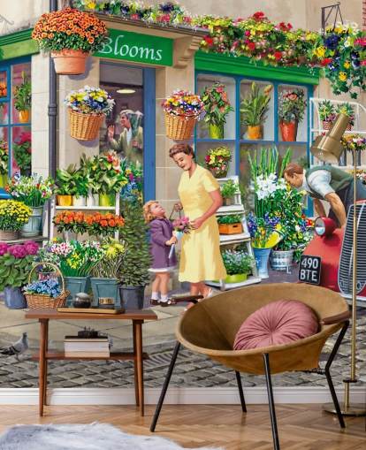 colourful custom bygone era wallpaper mural called Corner Florist by Victor McLindon for care homes colourful custom bygone era wallpaper mural called Corner Florist by Victor McLindon for care homes
