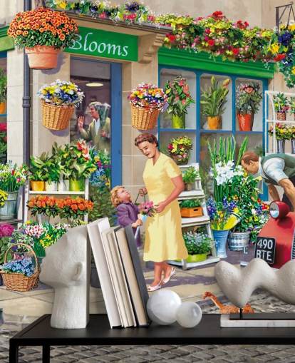 colourful custom bygone era wallpaper mural called Corner Florist by Victor McLindon for care homes colourful custom bygone era wallpaper mural called Corner Florist by Victor McLindon for care homes