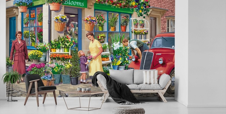 colorful custom bygone era wallpaper mural called Corner Florist by Victor McLindon for care homes