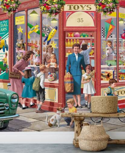 colourful customisable bygone era wallpaper mural called Corner Toy Shop by Victor McLindon for care homes colourful customisable bygone era wallpaper mural called Corner Toy Shop by Victor McLindon for care homes